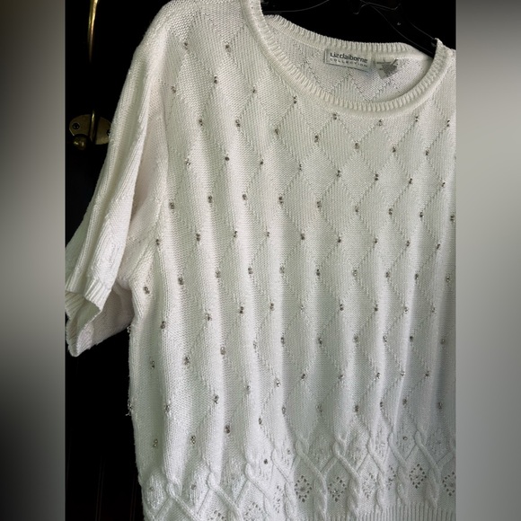 Y2K LIZ CLAIBORNE Rhinestone Cable Knit Short Sleeve Sweater Top Coquette | Sz L - Picture 8 of 13
